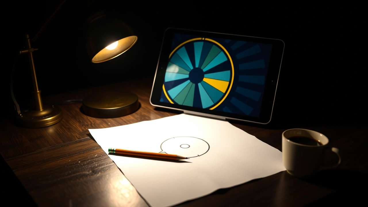 A dark wooden desk at night under a brass desk lamp, a black tablet propped upright on a small stand, its screen showing the top half of a big game-show wheel with a bright yellow-gold rim, a deep navy outer ring of blank cells and muted teal wedges with pale gold rays, in front of it a clean white sheet of paper carrying only a hand-drawn circle split into narrow wedges, a few wedges shaded gold