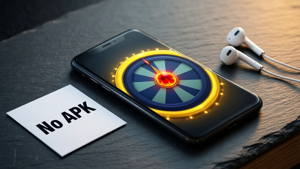 An Android phone lying flat on a dark slate desk, its screen showing the top half of a big game-show wheel with a bright yellow-gold rim, a deep navy outer ring and muted teal wedges, a glowing red-orange fireball sphere in one wedge, beside the phone a small white paper card lying on the slate with the single line "No APK" printed in heavy black type, a pair of white earphones, warm side light