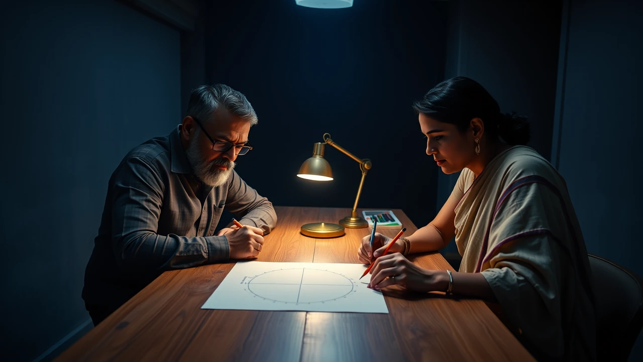 An Indian man in his forties with a trimmed grey beard and an Indian woman in her thirties sitting side by side at a long wooden table in a small office at night, both bent over a large sheet of paper with a hand-drawn circle split into wedges, pencils in hand, a brass desk lamp lit between them