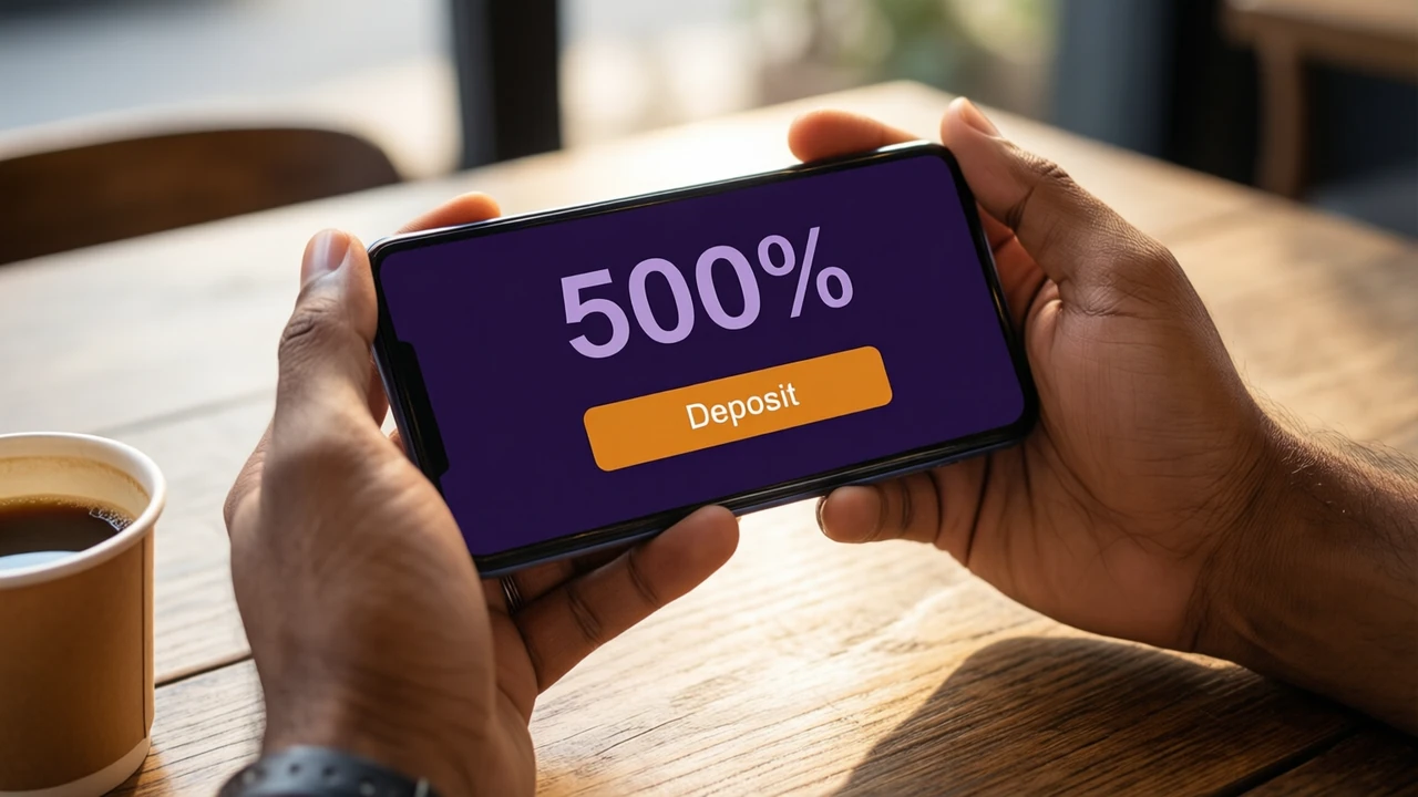 A close view of an Indian man's hands holding a smartphone flat above a wooden café table, the screen dark violet and showing only the large number "500%" printed flat above one wide amber button reading "Deposit", a small paper cup of coffee at the edge of the frame, warm daylight