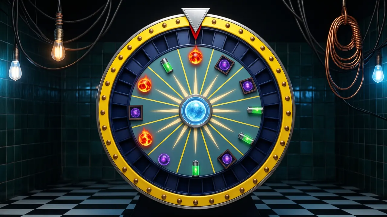 The whole wheel seen straight on in a dark studio, a bright yellow-gold rim over a steel ring set with brass rivets, a deep navy outer ring of blank cells, a full circle of muted teal wedges separated by thin yellow lines, every other wedge holding a glowing bonus symbol, a red-orange fireball sphere, a violet plasma orb in a small square frame or a green glass battery cell