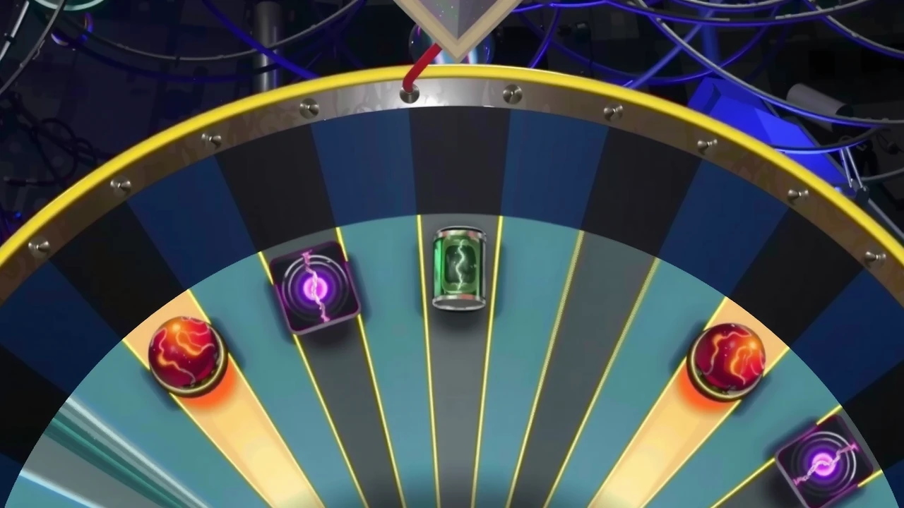 The top half of a huge upright game-show wheel filling the frame in a dark studio, its bright yellow-gold rim over a steel ring set with brass rivets, a deep navy outer ring of blank cells, muted teal wedges with pale gold rays fanning from the centre, a red-orange fireball sphere, a violet plasma orb in a small square frame and a green glass battery cell set into the wedges of the wheel