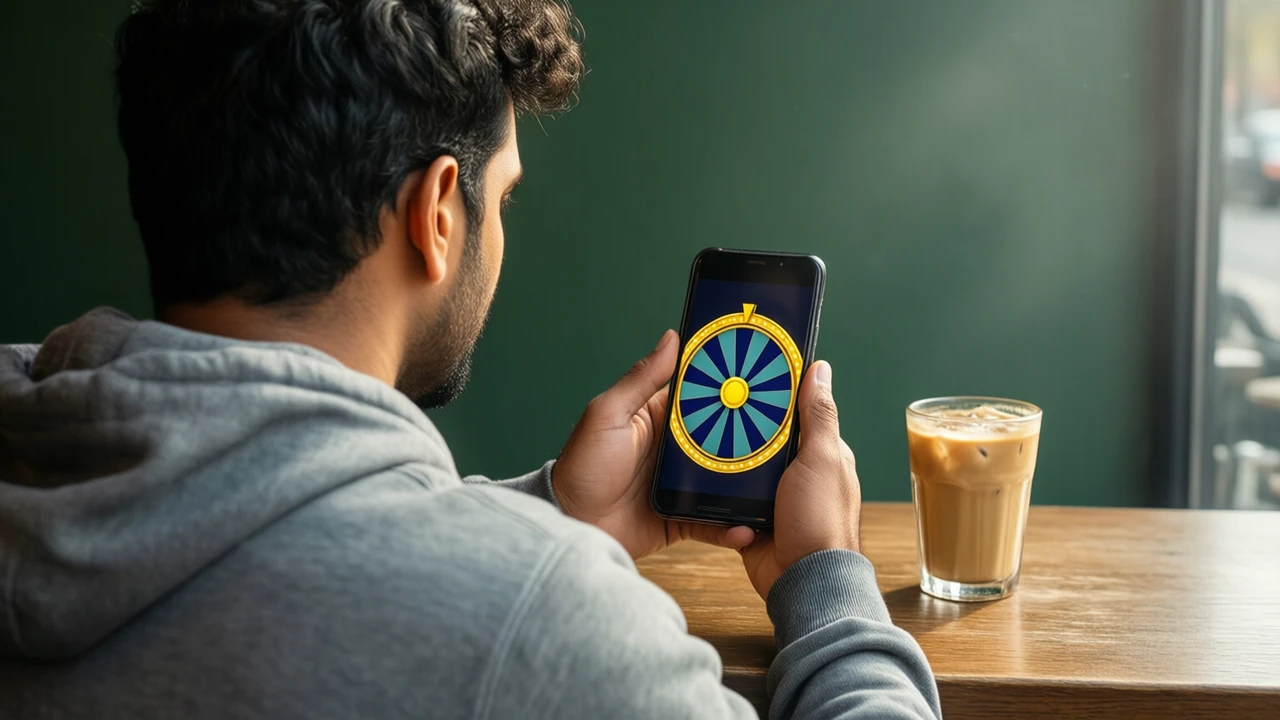 An Indian man in his late twenties with short curly hair and a grey hoodie sitting at a café counter by day, seen from just behind his left shoulder, one Android phone held sideways in his own two hands with its screen facing the camera, the screen showing the top half of a big game-show wheel with a bright yellow-gold rim, a deep navy outer ring and muted teal wedges, a plain dark green wall behind the counter