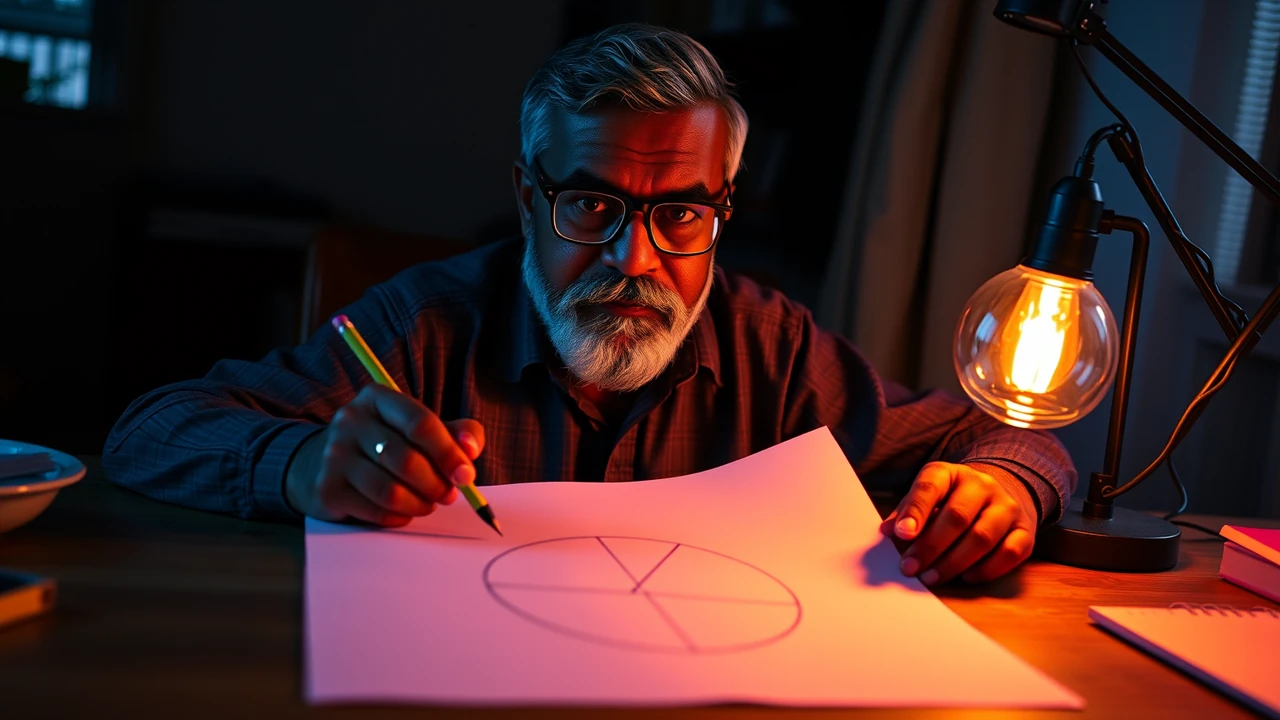 An Indian man in his forties with a trimmed grey beard and rimless glasses sitting at a home desk in the evening, a sheet of squared paper in front of him covered in a hand-drawn circle split into wedges, a pencil in his hand, a desk lamp throwing warm amber light