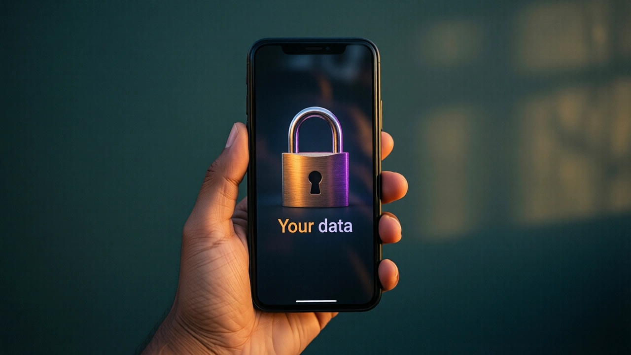 A hand holding a smartphone upright against a plain dark teal wall in the evening, the screen facing the camera and showing one large closed padlock with the two words "Your data" beneath it, soft amber side light