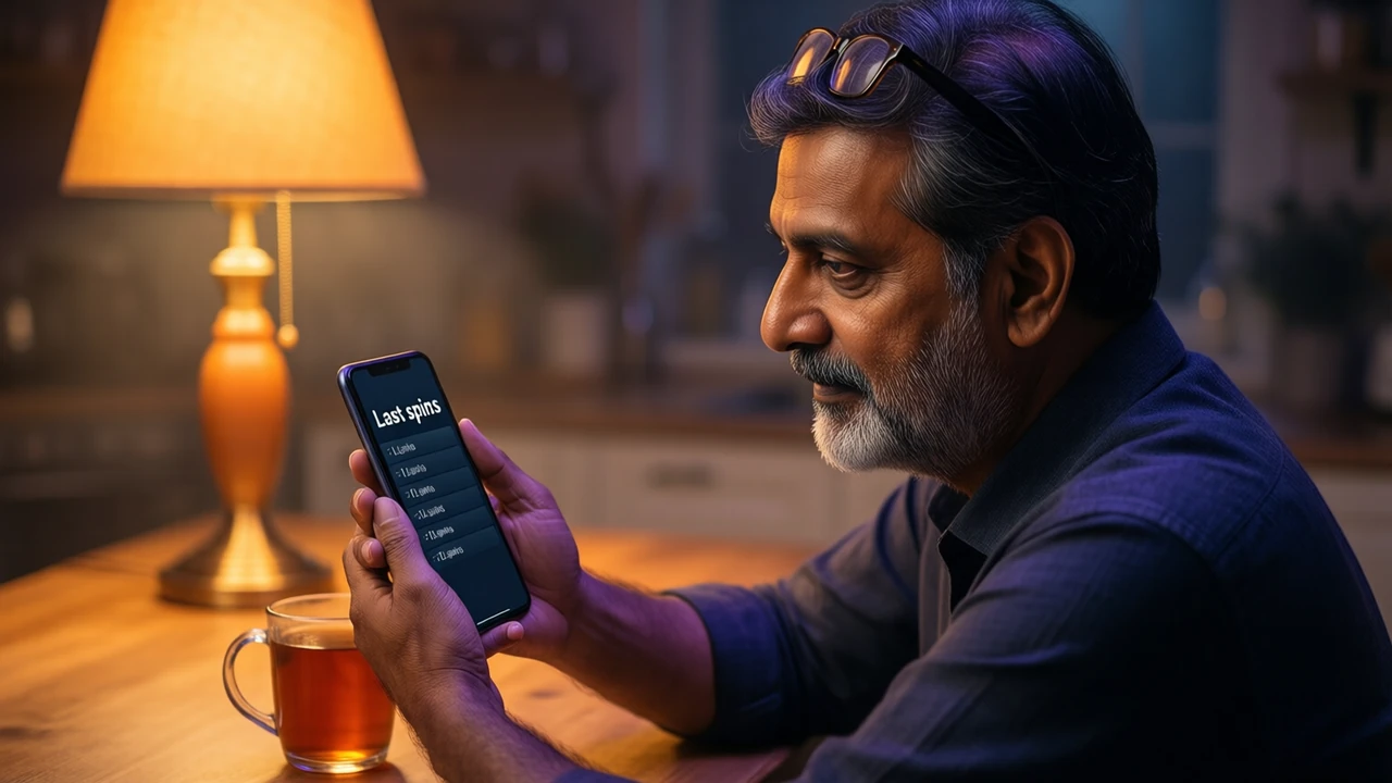 An Indian man in his forties with reading glasses pushed up on his forehead sitting at a kitchen table at night, holding a smartphone upright in his own two hands, the screen showing a plain dark list of five rows and the large heading "Last spins", a mug of tea beside him, warm amber lamp light