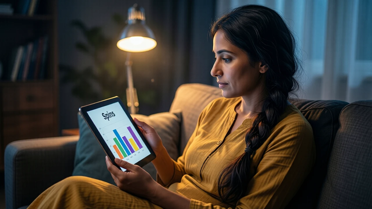 An Indian woman in her thirties with long dark hair in a loose plait and a plain mustard kurta sitting on a sofa at night, holding a tablet in both hands, its screen showing a simple bar chart of six coloured bars under the large word "Spins", a reading lamp behind her