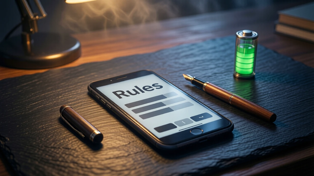 A smartphone lying flat on a dark slate desk under a desk lamp, its screen showing the large heading "Rules" above three short bars of grey lines, a closed fountain pen beside it, warm amber light from one side